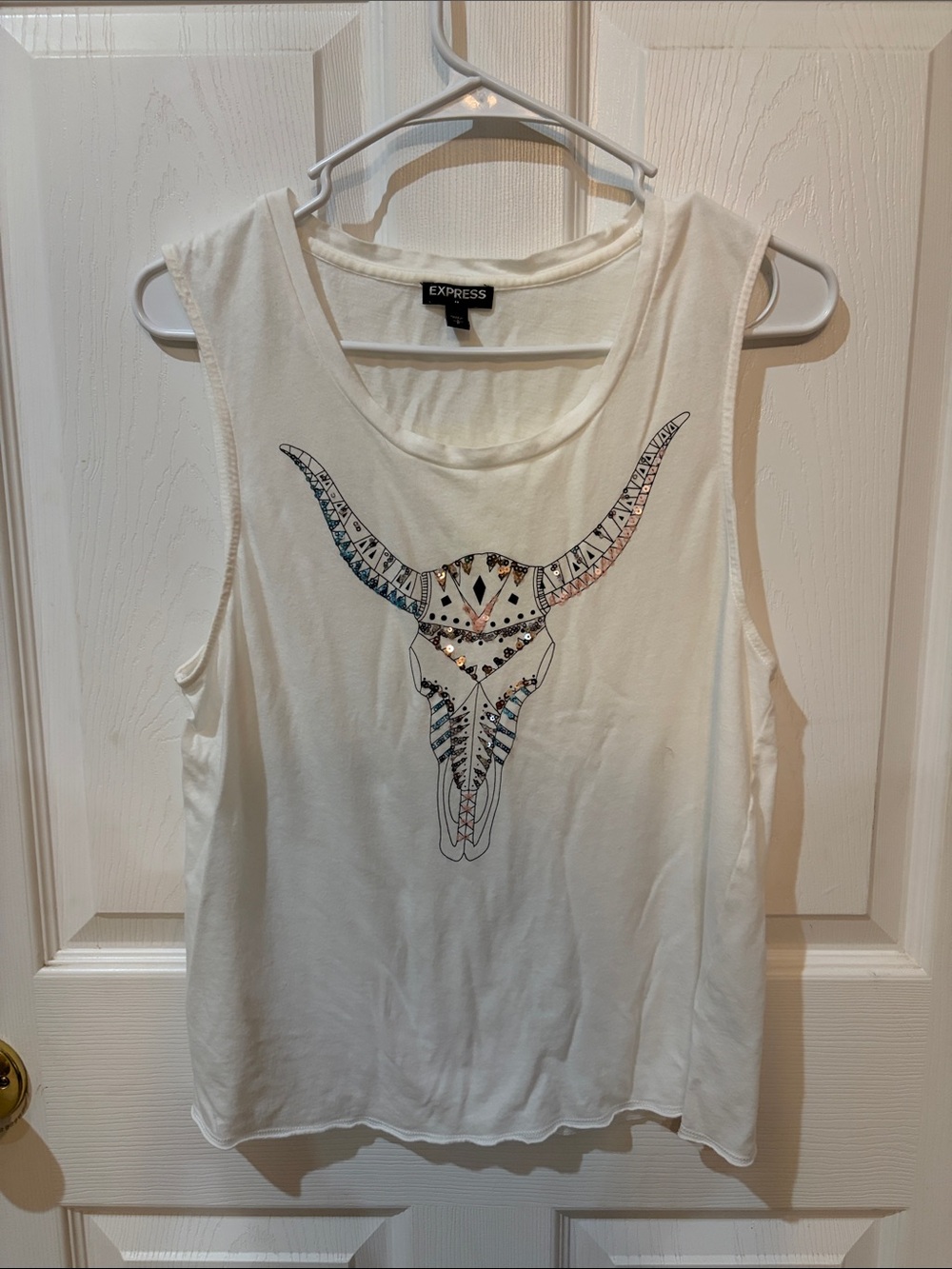 Express White Sleeveless Tank with Embellished Bull Skull Graphic